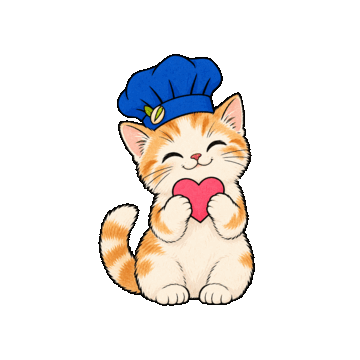 Petit chat chef tenant un cœur rose