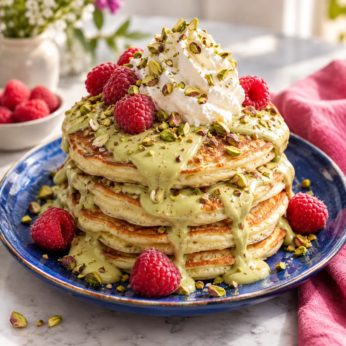 Pancakes pistache et framboises